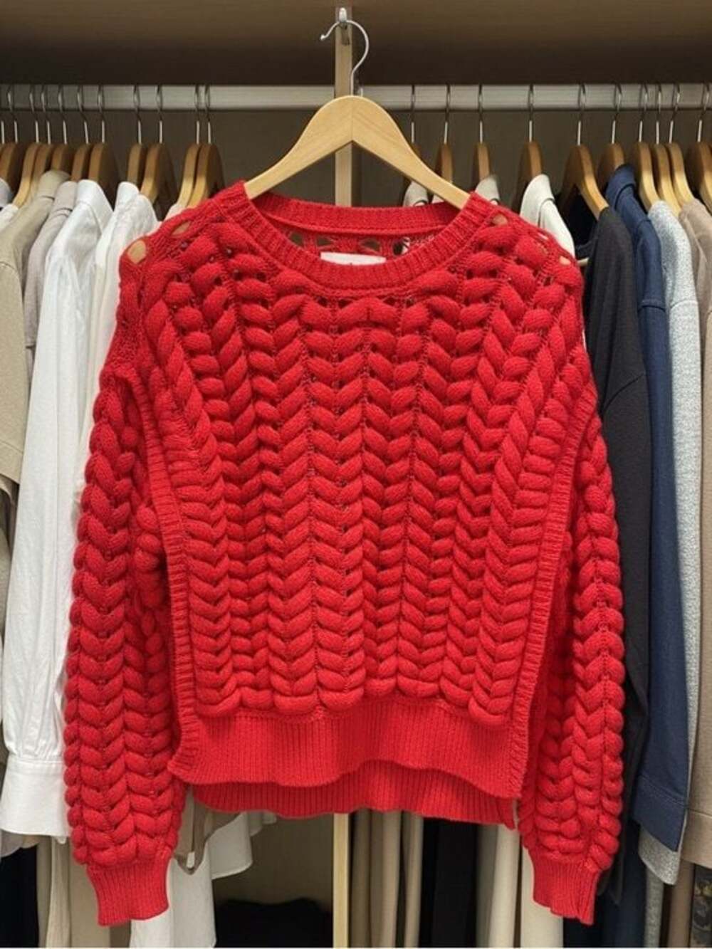 Women's Bright Red Braided Cable Crewneck Sweater
